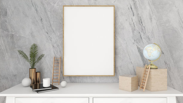 白色模拟框架在家庭现代设计和最小的复古风格的桌子上的植物。粉彩潮人，夏季，装饰，当代-3d渲染图片下载