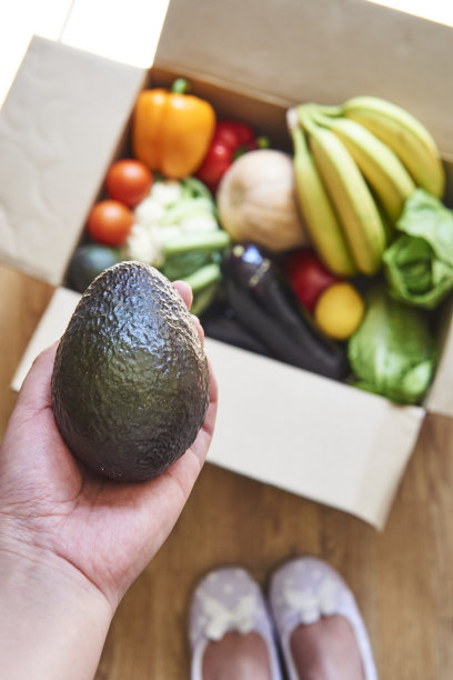 一整箱的杂货，素食者和纯素食者的食物。图片下载