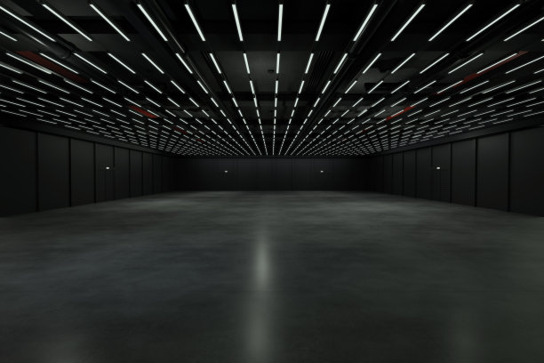 展览中心空无一人。展览摊位、摊位、市场、贸易展览的背景。谈话活动,会议。舞台娱乐、事件、体育。室内的工厂,展厅。3 d渲染。图片下载