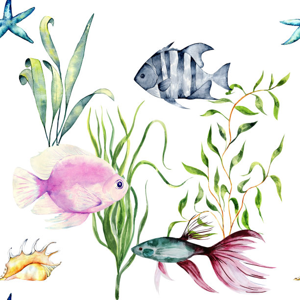 水彩无缝鱼图案。图片下载