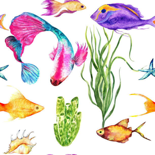 水彩无缝鱼图案。图片下载