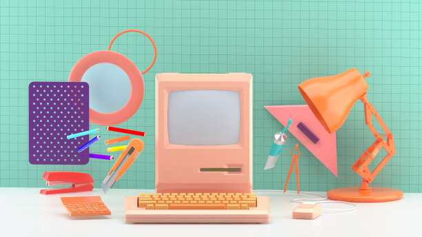 那台旧电脑被一张蓝色背景的信纸包围着。3 d渲染。“n图片下载