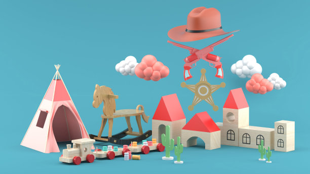 牛仔帽、玩具枪和警长徽章被木制玩具、木马和蓝色背景的布制帐篷包围着。3 d渲染。“n图片下载