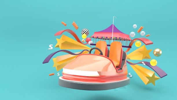 蓝色背景的嘉年华车被星星和彩带包围。3 d渲染。“n图片下载