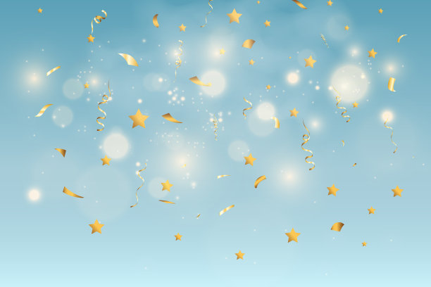 金色的五彩纸屑落在美丽的背景上。舞台上落下的飘带。图片下载