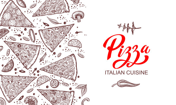 披萨和成分。手绘披萨菜单模板。意大利料理系列产品。块披萨。矢量图图片下载