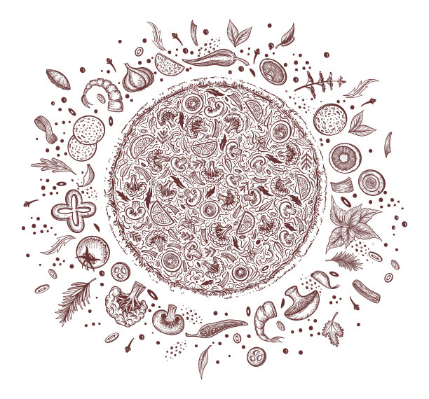 披萨和成分。手绘披萨菜单模板。意大利料理系列产品。块披萨。矢量图图片下载