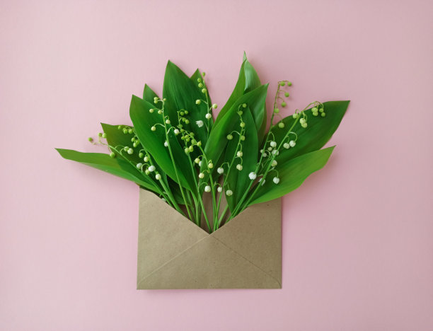 一束山谷里的森林百合花，包裹在一个棕色的波纹信封里。春天的到来。香水的香味图片下载