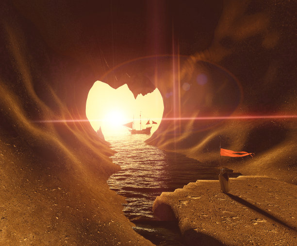 中世纪武士，身穿盔甲，手持长矛，望向地平线。在海上的洞穴。船船，在地平线上。海盗图片下载