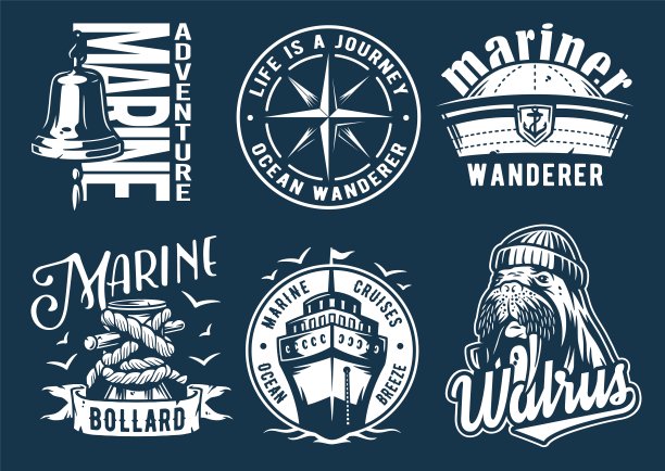 海洋印花套装，邮轮，海象和系桩图片下载