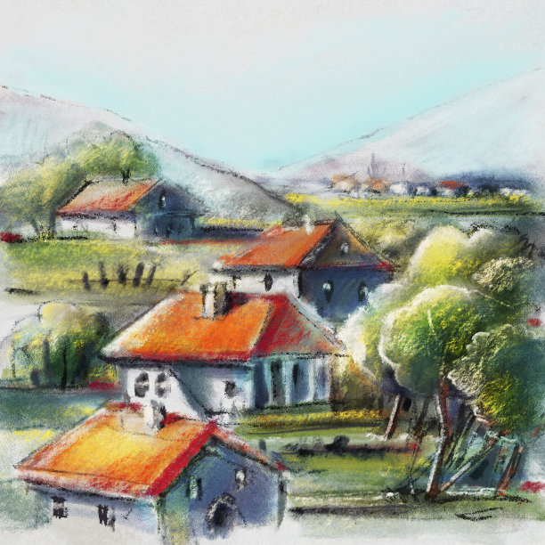 抽象的山地景观带有一个小村庄。蜡笔画图片下载