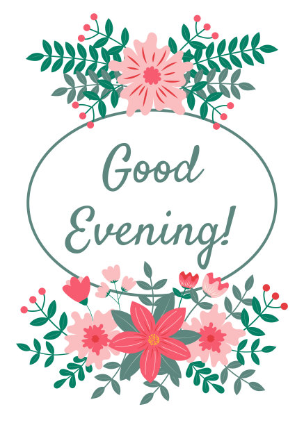 晚上好，白色背景花卉装饰的贺卡图片下载