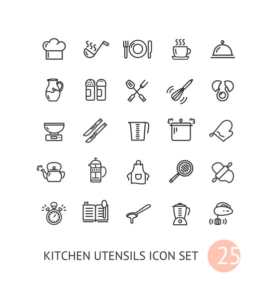 厨房用具标志细线图标设置。向量图片下载