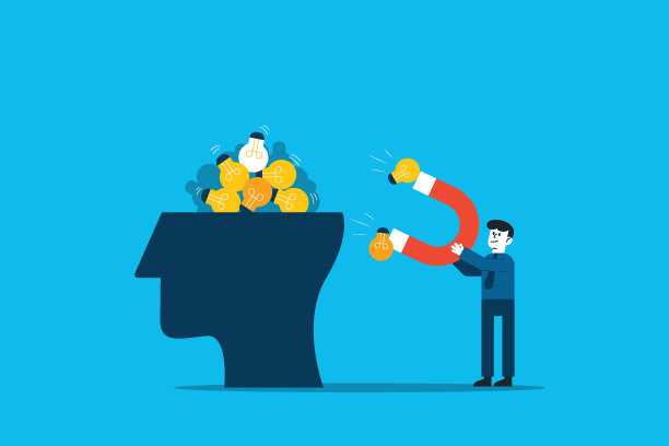 人力资本外逃，人才流失的概念。一个装满了明亮灯泡的人头矢量的想法被磁铁吸引的企业业务图片下载