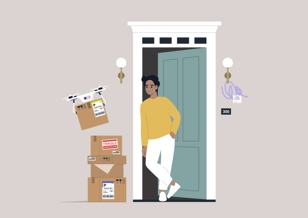 一名年轻的白人男子站在大楼门口，一架无人机将包裹送到他们的门口图片下载
