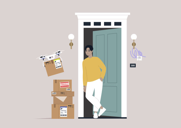 一个年轻的亚洲男性角色站在大楼门口，一架无人机把包裹送到他们的门口图片下载