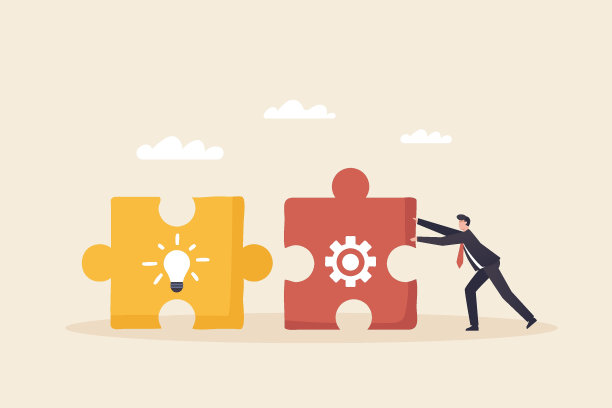 用创新的创意流程解决难题，解决业务问题。
找到项目中缺失的部分并达到目标。
一个商人组装最后一个拼图灯泡和一个齿轮拼图。图片下载