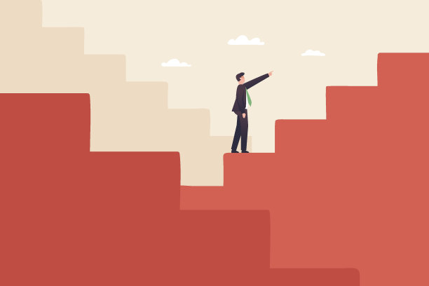 成长业务的挑战。很难达到事业的巅峰。一个商人正沿着楼梯往上走，试图到达山顶。图片下载