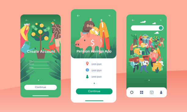 养老储蓄手机App页面板载屏幕模板。年长的人物种钱树，收集硬币和钞票图片下载