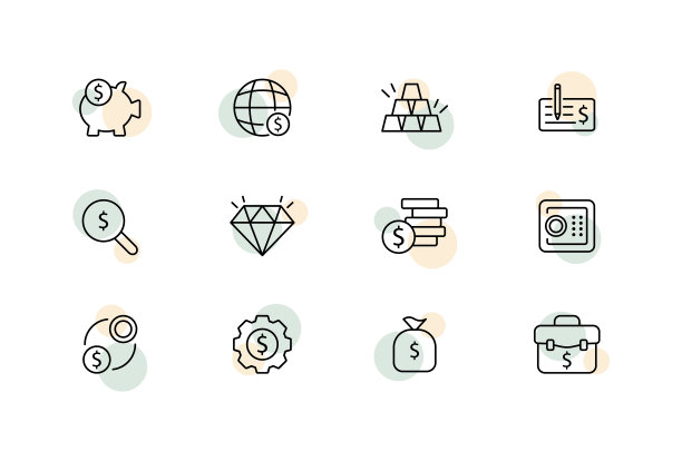 财务管理设置图标。钱，存钱罐，金条，写支票，放大镜，钻石，保险箱，设置，装备，包，公文包。银行的概念。矢量线图标的业务和广告图片下载