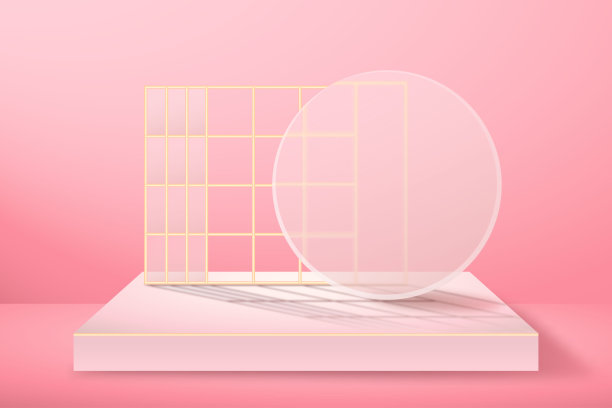 背景与长方形讲台，最小的墙壁场景，粉红色粉彩。金色格子，哑光模糊玻璃。颁奖、产品、网站广告的舞台。图片下载