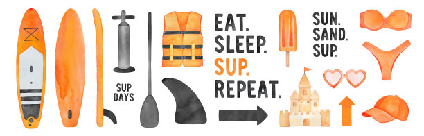 水彩SUP收集与站起来桨板和各种夏天的乐趣符号。图片下载