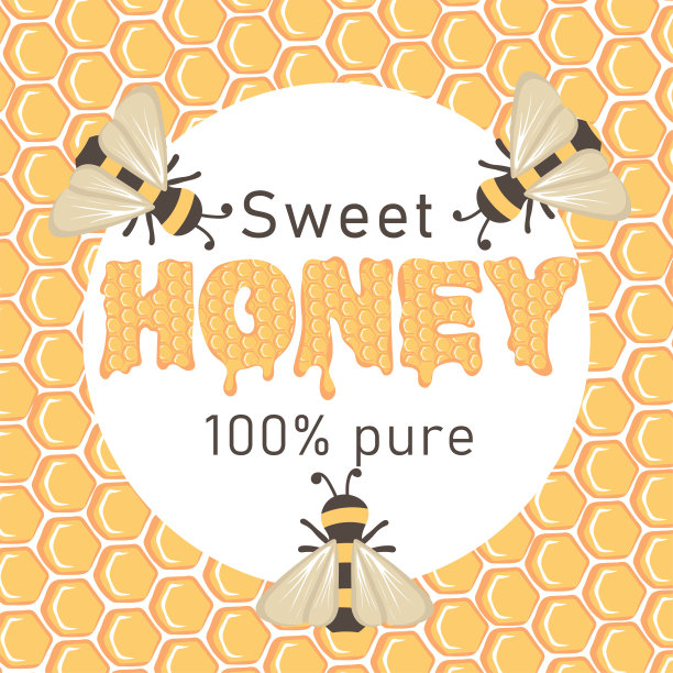 甜蜜的纯蜂蜜。蜂蜜横幅模板与蜜蜂和蜂巢。图片下载