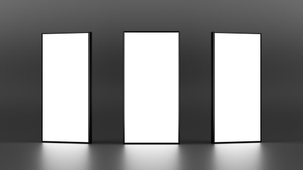 黑色背景上有三个长方形的灯箱。三维演示图片下载