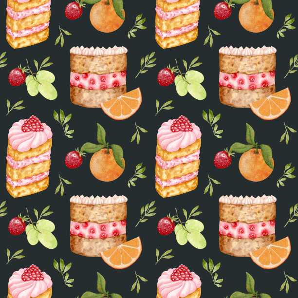 水彩无缝图案与覆盆子和樱桃蛋糕。图案与橙，葡萄和柑橘片。精美的菜单、甜品包装和剪贴簿设计。黑色背景。图片下载