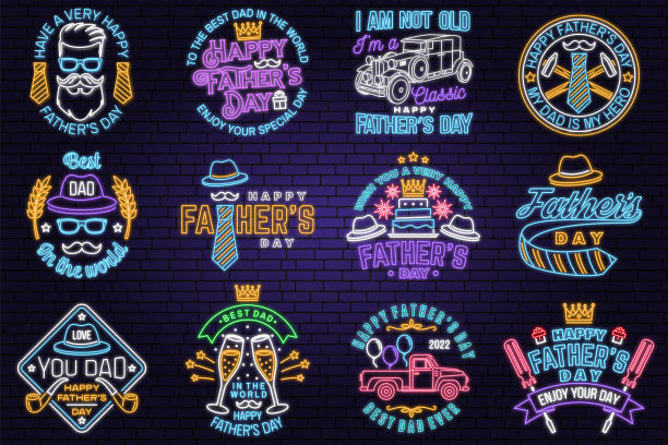 一套父亲节快乐徽章，会徽霓虹灯招牌。矢量插图。复古风格的父亲节设计与复古汽车，胡子和香槟杯明亮的招牌，灯光横幅。图片下载