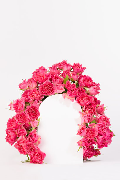 优雅的拱形框架的新鲜小玫瑰作为抽象的讲台在白色舞台上展示化妆品，模型，复制空间，垂直。模板婚礼邀请，广告，设计。图片下载