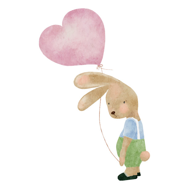 水彩兔子抱心形状气球在白色背景，数字手绘可爱的兔子站在滑稽的脸，矢量插图卡通为儿童的生日或邀请卡图片下载