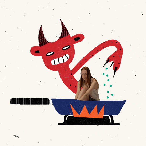 当代艺术拼贴。年轻女孩沮丧绝望地坐在煎锅上的概念形象。忧郁症。图片下载