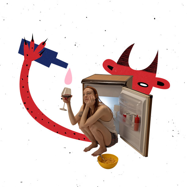 当代艺术拼贴。年轻女孩坐在一杯酒，遭受不健康的生活方式的概念形象。酒精,垃圾食品图片下载