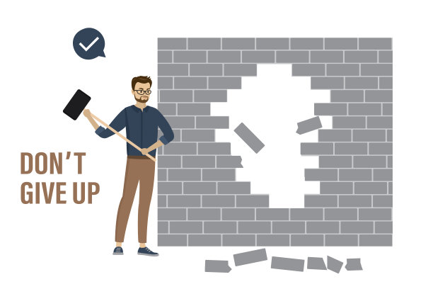 不要放弃，励志的旗帜。商人用锤子敲碎了砖墙。克服障碍,困难。解决业务问题。图片下载