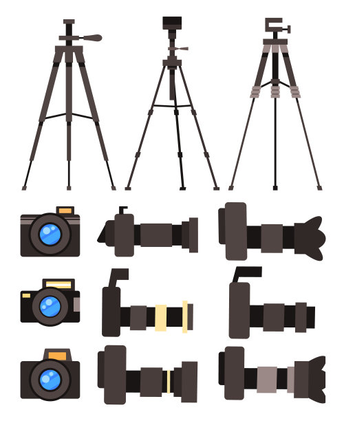 一套卡通矢量图标，相机，数码相机，反射镜，三脚架在白色背景图片下载