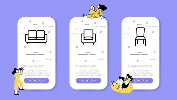 软垫家具图标。柔软，沙发，扶手椅，沙发，椅子，舒适。舒适的概念。UI手机应用屏幕与人。矢量线图标的业务和广告图片下载