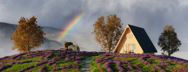 a型木屋，坐落在山顶，风景优美。图片下载
