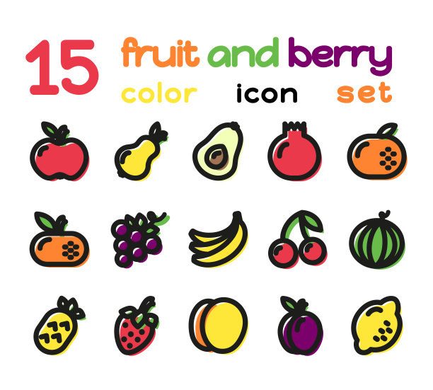 一组水果和浆果的彩色线性图标。矢量插图孤立在白色背景上。素食主义，纯素食主义，当地健康食品。收集网站、移动应用。图片下载