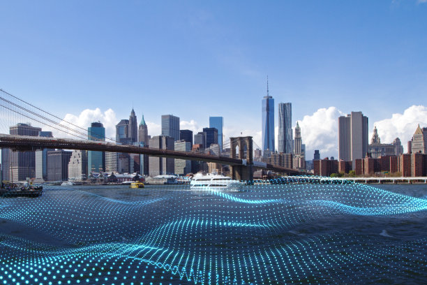 城市背景与抽象多边形波浪滨水网格和日光。双重曝光。图片下载