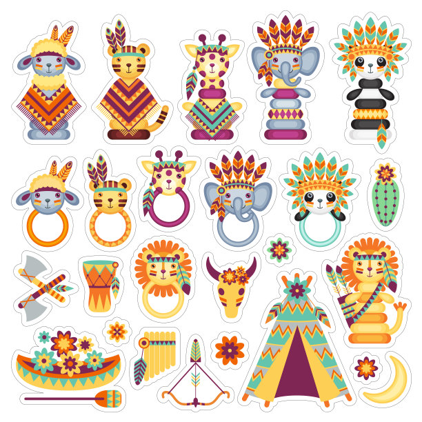 一套矢量卡通图标与玩具在一个白色背景上的印第安人的主题。图片下载