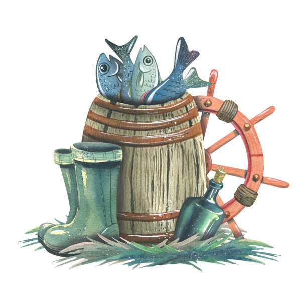 一个装着鱼的木桶，水手的橡胶靴，一瓶朗姆酒和草地上的一个方向盘。水彩插图。为明信片的设计和构图设计。纪念品,海报。图片下载