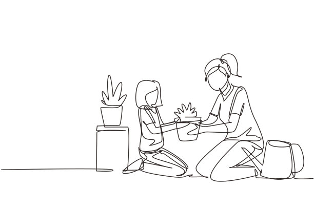 单线连续画着幸福的妈妈和她图片下载