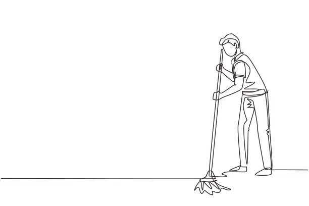 单线绘青年拖地图片下载