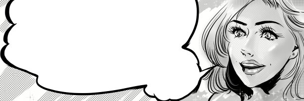 插图和演讲气球，一个美丽的金发女人在美国漫画风格微笑和惊讶的东西。图片下载