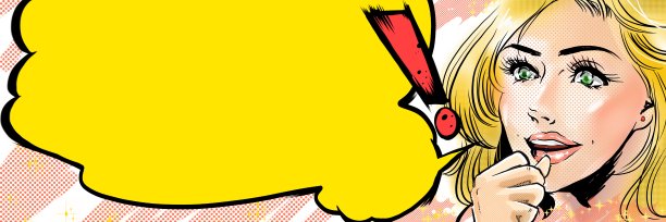 插图和演讲气球，一个美丽的金发女人在美国漫画风格微笑和惊讶的东西。图片下载