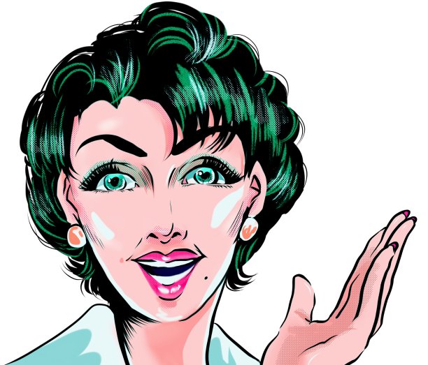 60年代的复古美国漫画蓝头发美丽成熟的女人指点和夸张的广告插图图片下载