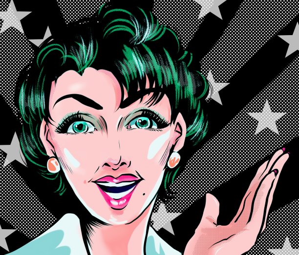 60年代的复古美国漫画蓝头发美丽成熟的女人指点和夸张的广告插图图片下载