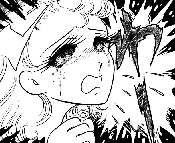 70年代的日本漫画插图，一个美丽的金发女孩心碎了，哭了很多震惊的眼泪图片下载