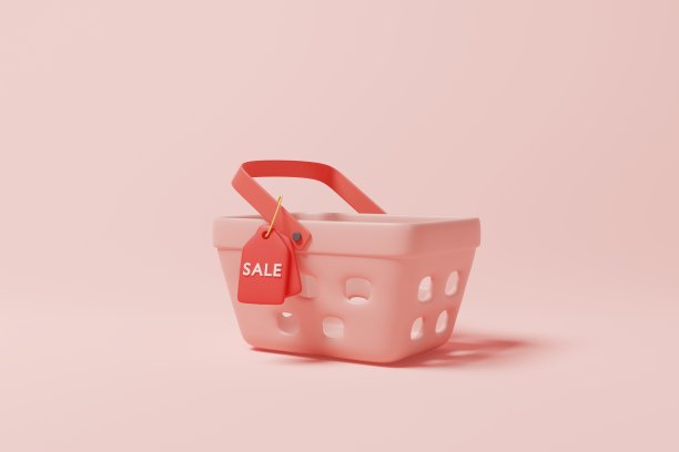 3D渲染购物篮与销售标签的背景。销售活动的概念图片下载